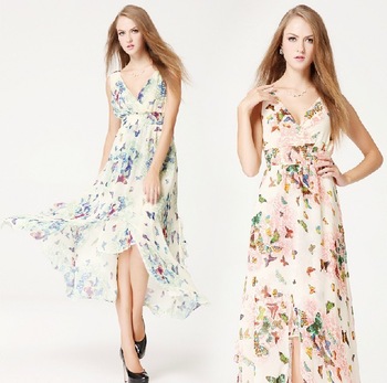 New-2014-Summer-Fashion-print-Chiffon-slit-full-dress-party-sexy-bandage-V-neck-gowns-women.